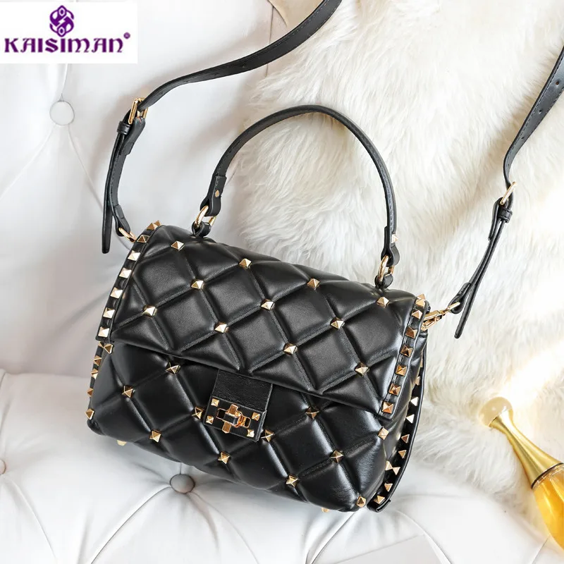 

4 Color Autumn and Winter Rivet Diamond Lattice Shoulder Messenger Bags High Quality Sheepskin Women Leather Handbags Sac A Main