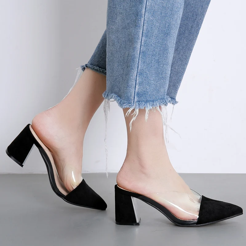 

Chunky Heel Mules Slippers Woman Shoes Clear Pointed Toe Slides Patchwork Sandals Flip Flops Sandalias Mujer Slip on Slipper