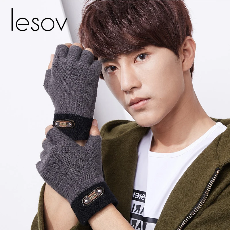 Lesov Male Elastic Knitted Fingerless Gloves Outdoor Sport Winter Gloves Men Driving Glove Half Finger Knitting Mittens Guantes