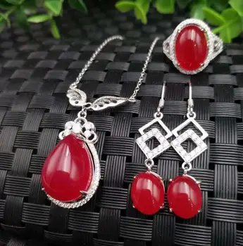 

boutique jewelry 4 color Natural Chalcedony pendant 925 silver jewelry wholesale Chalcedony ring earring necklace set
