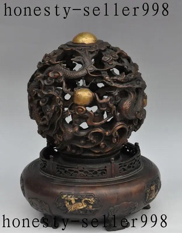 

Crafts statue 13"Old China Dynasty bronze gilt Lucky 9 dragon play beads Statue Fengshui Ball Statue