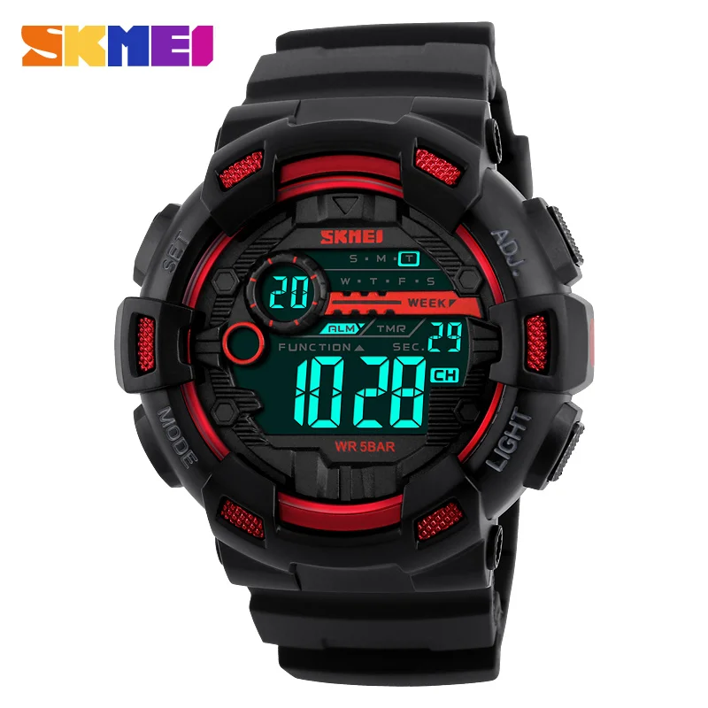 SKMEI Outdoor Sport Watch Men Multifunction 5Bar Waterproof PU Strap LED Display Watches Chrono Digital Wristwatch Reloj Hombre - Цвет: Красный