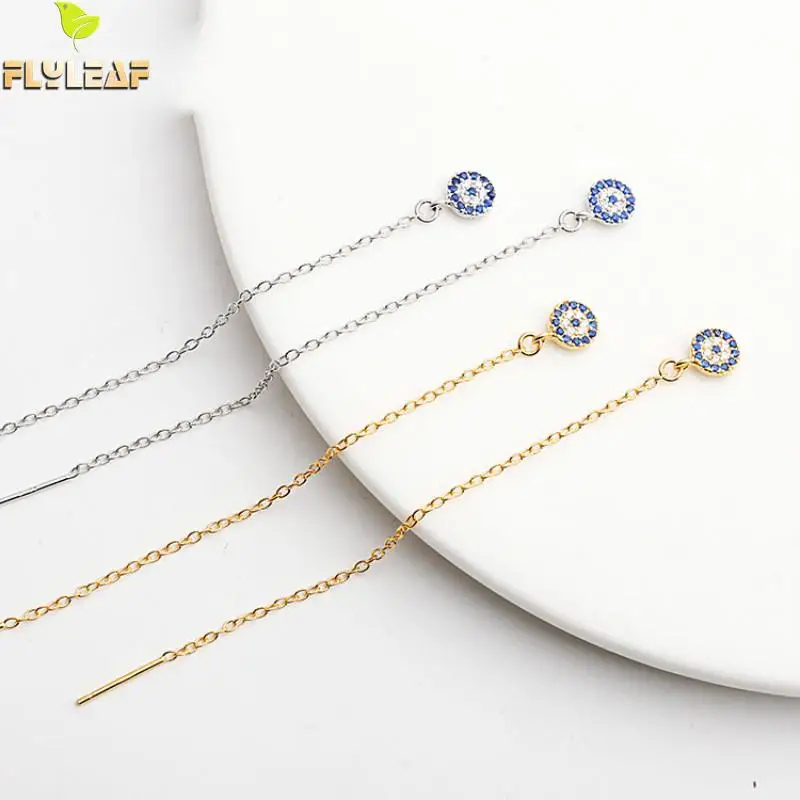 

Flyleaf 100% 925 Sterling Silver Long Tassel Blue Eye Pendant Drop Earrings For Women Fashion Party Jewelry