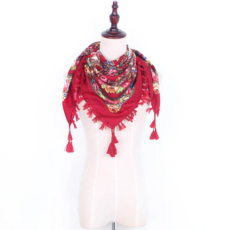 Роскошный брендовый женский хлопковый шарф с кисточками и принтом, русская Этническая Цветочная шаль с цветами, зимний теплый квадратный шарф YG591