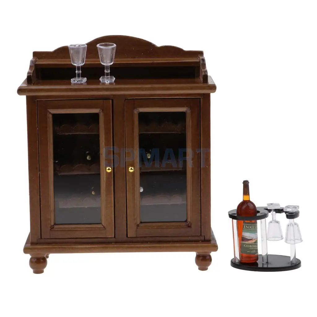 Vintage 1/12 Dollhouse Miniature Furniture Wine Cabinet with Bottles Wine Glass Model Collectibles