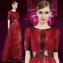 Цвет красного вина вышивка Выходные туфли на выпускной на BAFTA Награды ковер платье для приема с рукавом 1/2, для вечеринок платье с высоким воротом и Платья знаменитостей