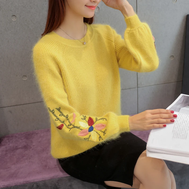 Новинка года; осенне-зимний шерстяной свитер для девочек; Свободный пуловер с цветочной вышивкой для студентов