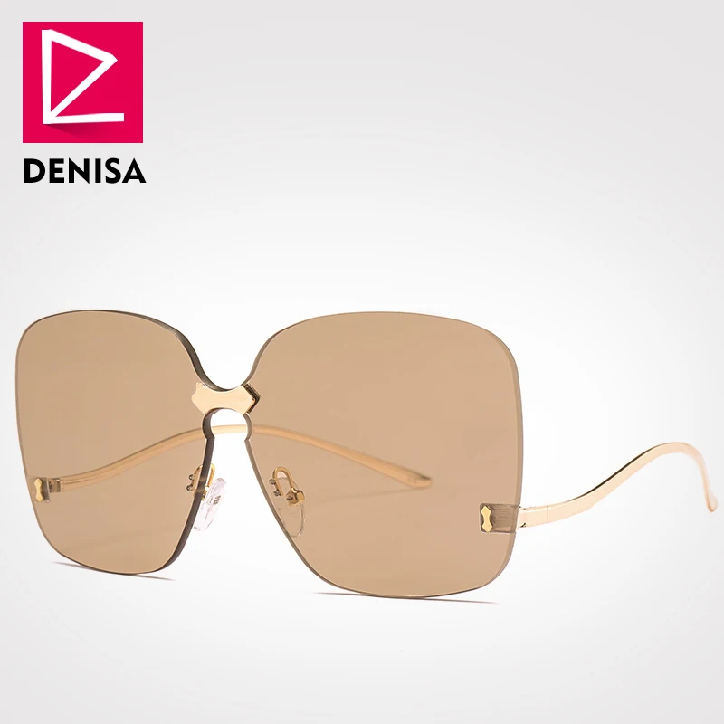 DENISA винтажные женские крупные солнцезащитные очки без оправы мужские квадратные стимпанк очки для девочек UV400 lunette de soleil femme G22052 - Цвет линз: Brown Sunglasses