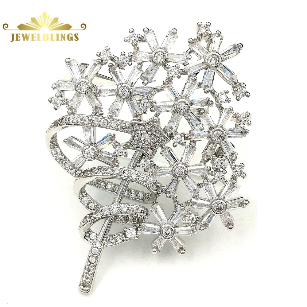 

Bling Designer Cluster Flowers Tree Brooches Silver Tone Baguette Cut CZ Five Petal Floral Tree Broaches Pins for Winter Holiday