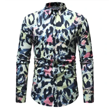 

Leopard Print Slim Fit Long Sleeve Shirt Men 2018 Spring Autumn New Casual Button Down Dress Shirt for Men Camisas Para Hombre