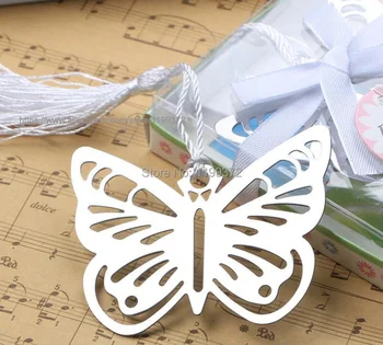 

100pcs Metal Silver Butterfly Bookmark Bookmarks White tassels wedding baby shower party decoration favors Gift gifts Free Ship