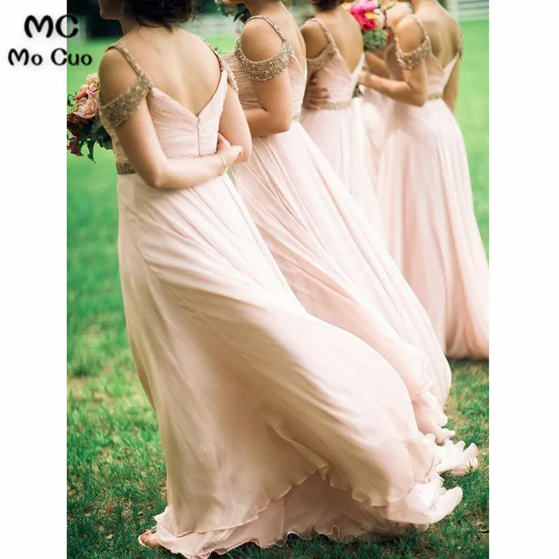 A-Line V-Neck Floor-Length Blush Chiffon Prom Bridesmaid Dress with Beading
