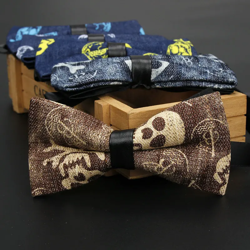 

100% Cotton Brown Denim Linen Bow Tie Halloween Cranium Pattern Bow Tie