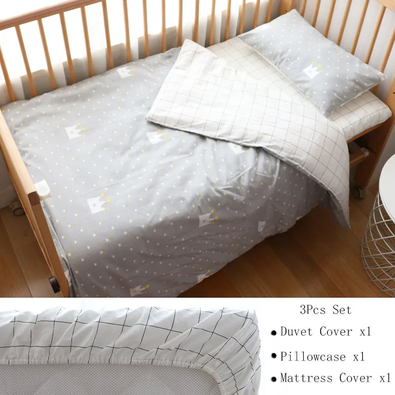 Комплект постельного белья из 3 предметов для новорожденных, с рисунком звезды, детское постельное белье для мальчиков, чистый хлопок, Тканое постельное белье для кроватки, пододеяльник, простыня - Цвет: Grey Crown Fitted