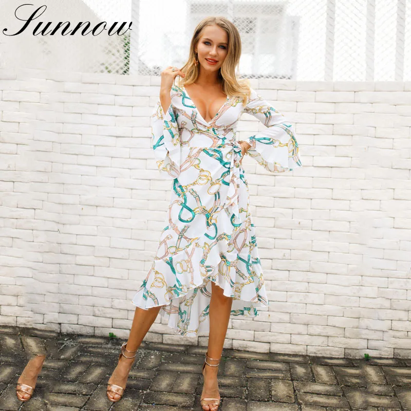 

SUNNOW Spring Long Sleeve Women Dress V neck Midi Dresses Ladies Fashion Necklace Printed Sexy Dress Female vestidos mujer 2019