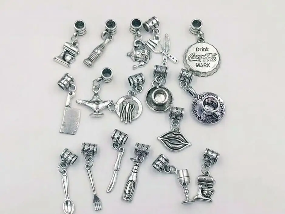 

10 pcs Fashion Vintage Silver Mixing knife, fork, spoon, wine glass, teapot Pendants For Bracelet &Necklace Jewelry Making