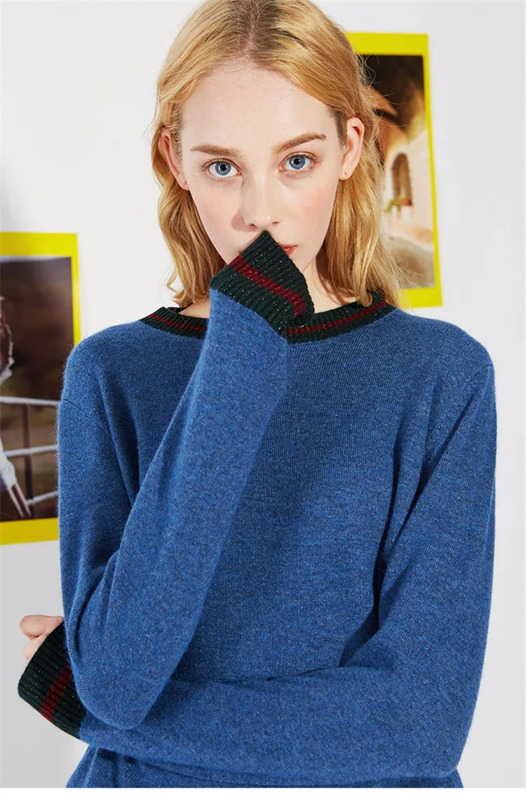 Полушерстяные О-образным вырезом вязать Женская мода лоскутное изделие пуловер свитер темно-синие 3 цвета один и более размер