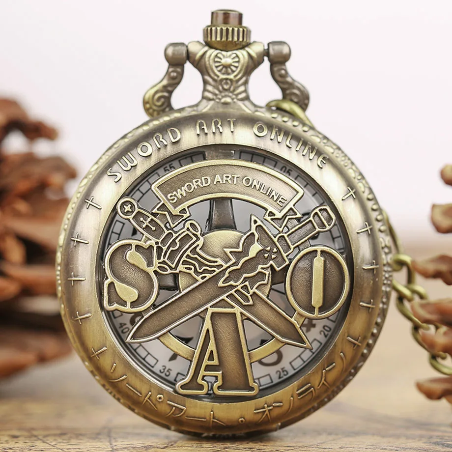 Theme of Sword Art Online Hot Anime Hollow Quartz Pocket Watch Men Women SAO Double Sword Pattern Necklace Rotated Cosplay Gift  (7)