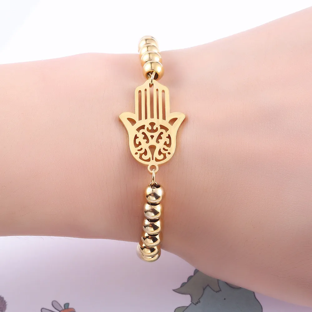 

Woman beads bracelet & bangles charm chain friendship Stainless Steel jewelry lucky Fatima palm women bracelet gold femme gifts