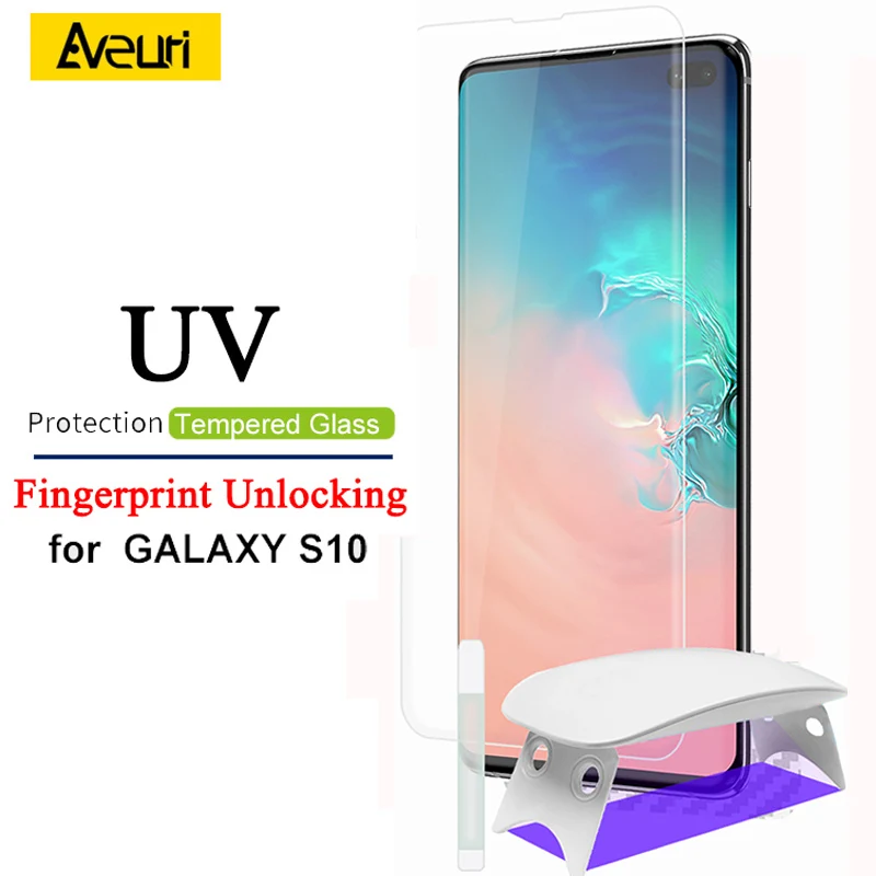 

Aveuri UV Light Glass For Samsung Galaxy S10 Plus S10+ S10E Tempered Glass For Samsung S8 S9 Plus Support fingerprint unlocking
