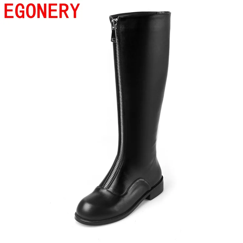 

new 2017 fahsion winter women long boots genuine leather med heel round toe shoes woman black knee high boots women riding boots