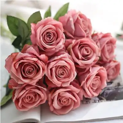10 шт./лот, искусственные розы, цветы, букет для дома, свадебное украшение, настоящая Роза, шелковые цветы, Флорес, вечерние, свадебные цветы - Цвет: Pink