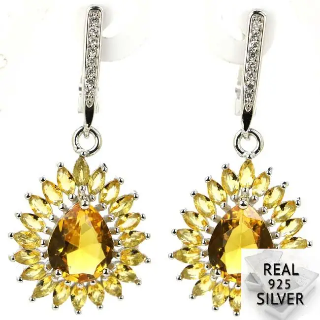

Real 6.4g 925 Solid Sterling Silver Deluxe Golden Citrine White CZ Wedding Ladies Earrings 38x18mm
