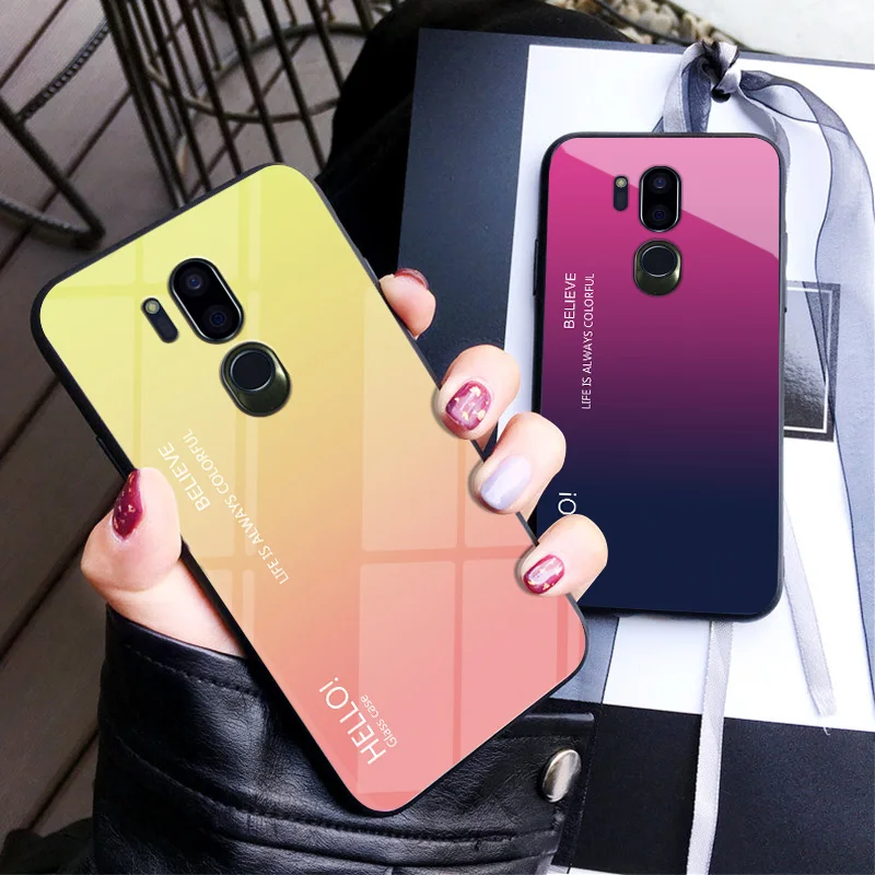 Чехол Haissky из закаленного стекла с градиентом для LG G7 ThinQ модный Радужный жесткий