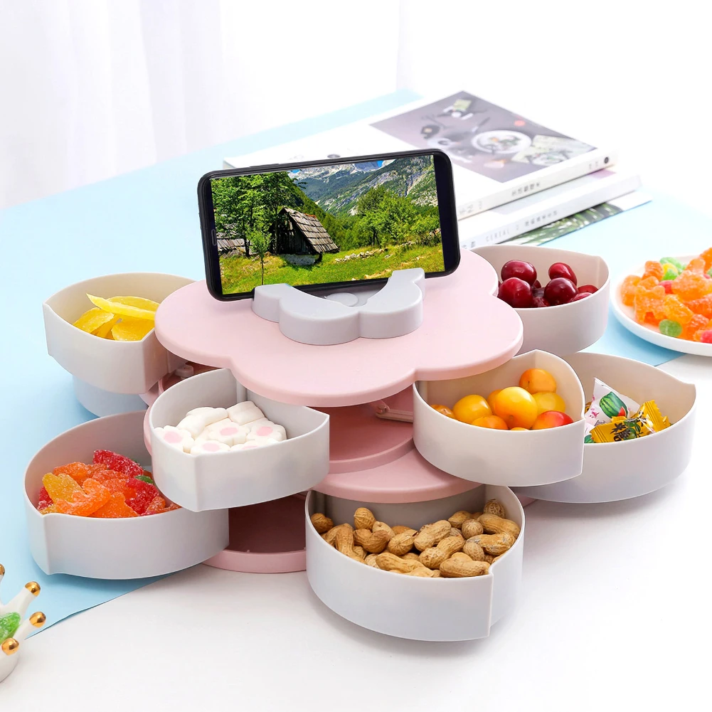 Pokich Bloom, вращающаяся коробка для закусок, пластиковый цветочный дизайн, коробка для хранения конфет, еды, органайзер с держателем для телефона