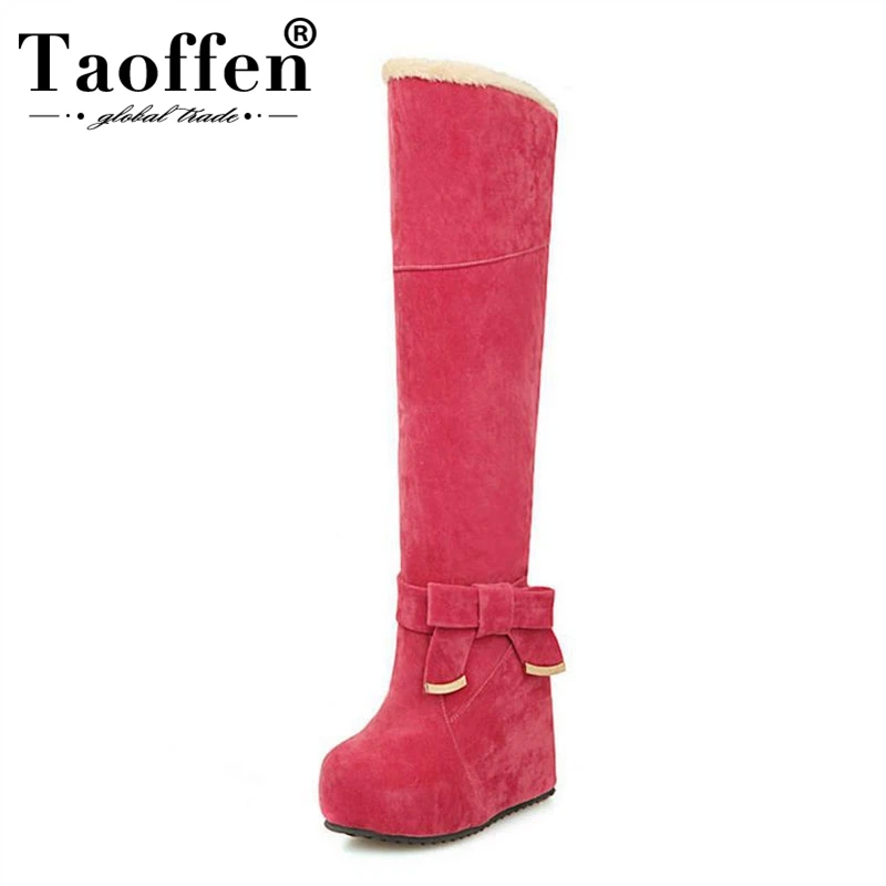 

TAOFFEN Sexy Women High Wedges Boots Bowknot Platform Warm Fur Shoes Women Winter Over Knee Boots Fashion Footwear Size 33-43