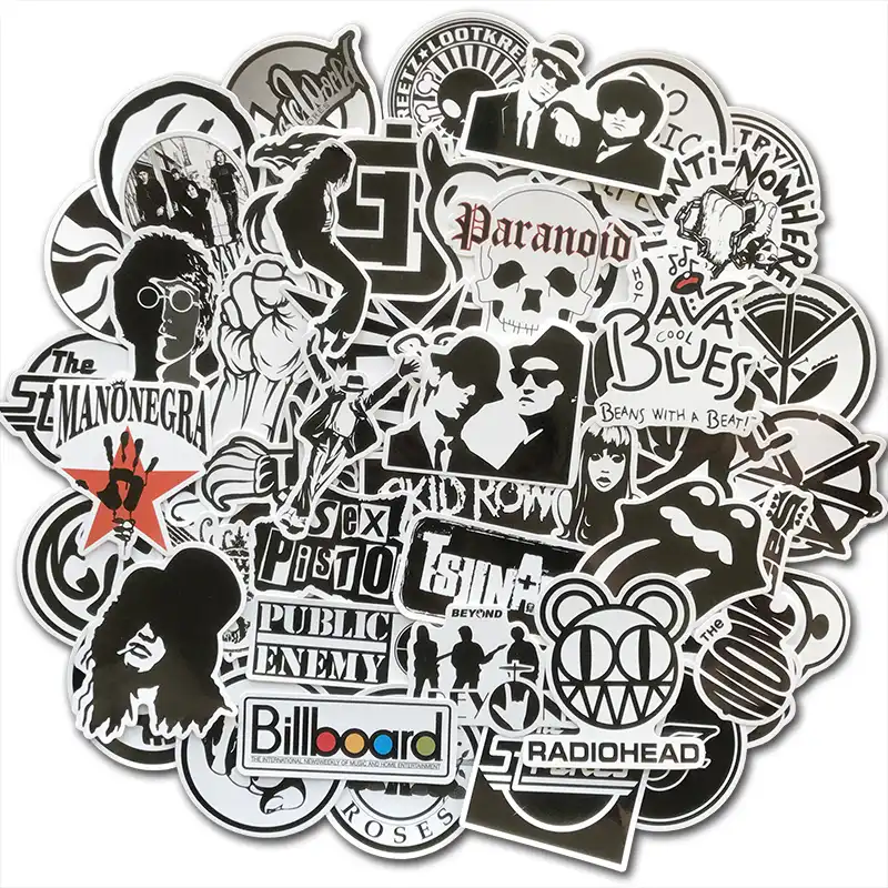 50Pcs Vinyl Black White Rock Music Bands Stickers For Skateboard Luggage Laptop