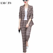 

Work Fashion Pant Suits 2 Piece Sets Three Rows Of Buckles Lattice Blazer Jacket Straight Office Lady Pant Suit sets Women 2018