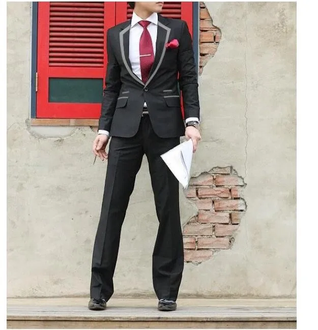 Черный серый край пиджак мужчины торжественное платье самые последние модели брюк для костюма костюм мужской костюм Homme брюк Брак