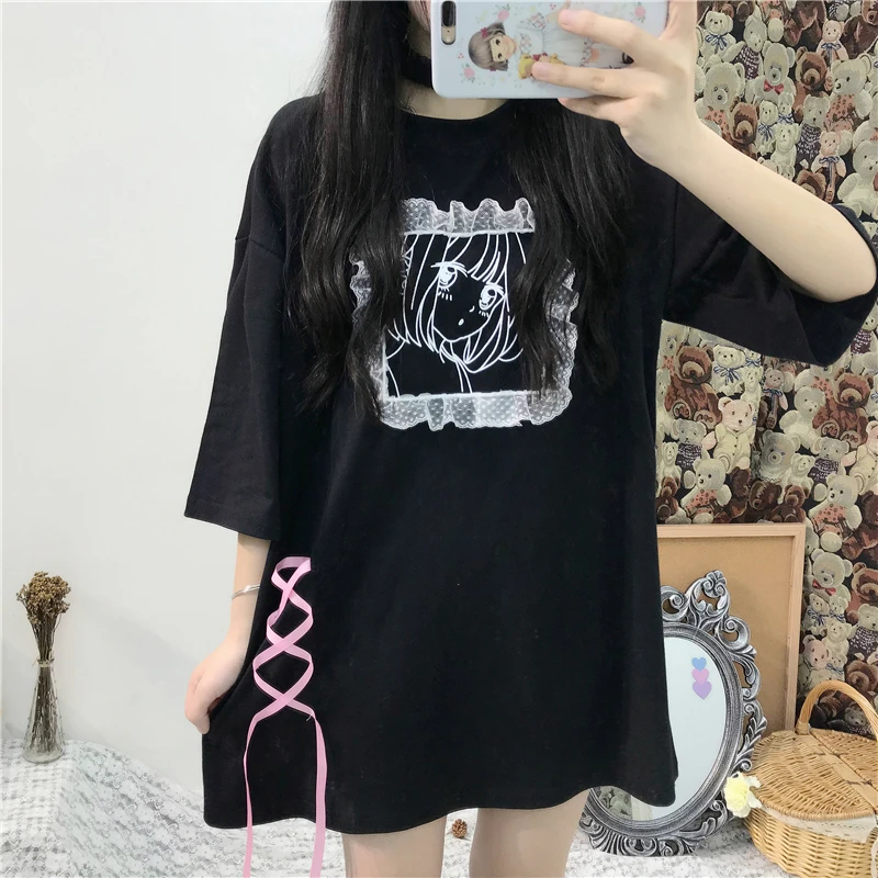 

Summer Japanese Cute Fashion Graphic T-shirt Female Top 2019 Harajuku Gothic Kawaii Anime Print Lace 90s Girl T Shirts Women Tee