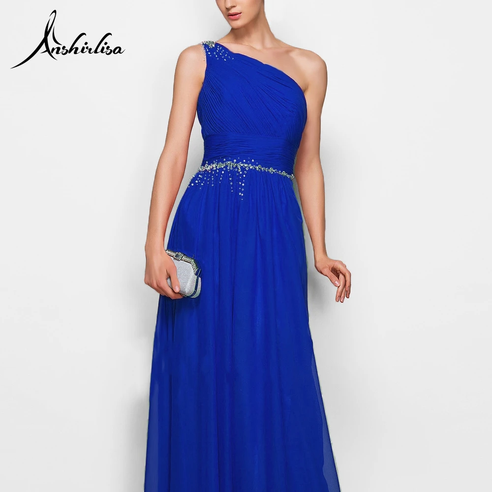 Anshirlisa Women's One Shoulder Beaded Pleated Chiffon Evening Dress Long Royal Blue Elegant A line Prom Gown for Formal Party