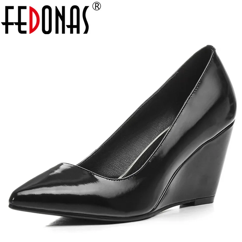 

FEDONAS Sexy Black New Women Wedges High Heeled Pumps Wedges High Heeled Four Season Office Pumps Genuine Leather Shoes Woman