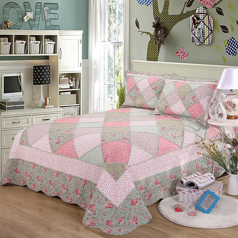 CHAUSUB Quality Floral Patchwork Quilt Set 3pcs Washed Cotton Quilts Quilted Bedspread Sheets Pillowcase Coverlet Set King Size