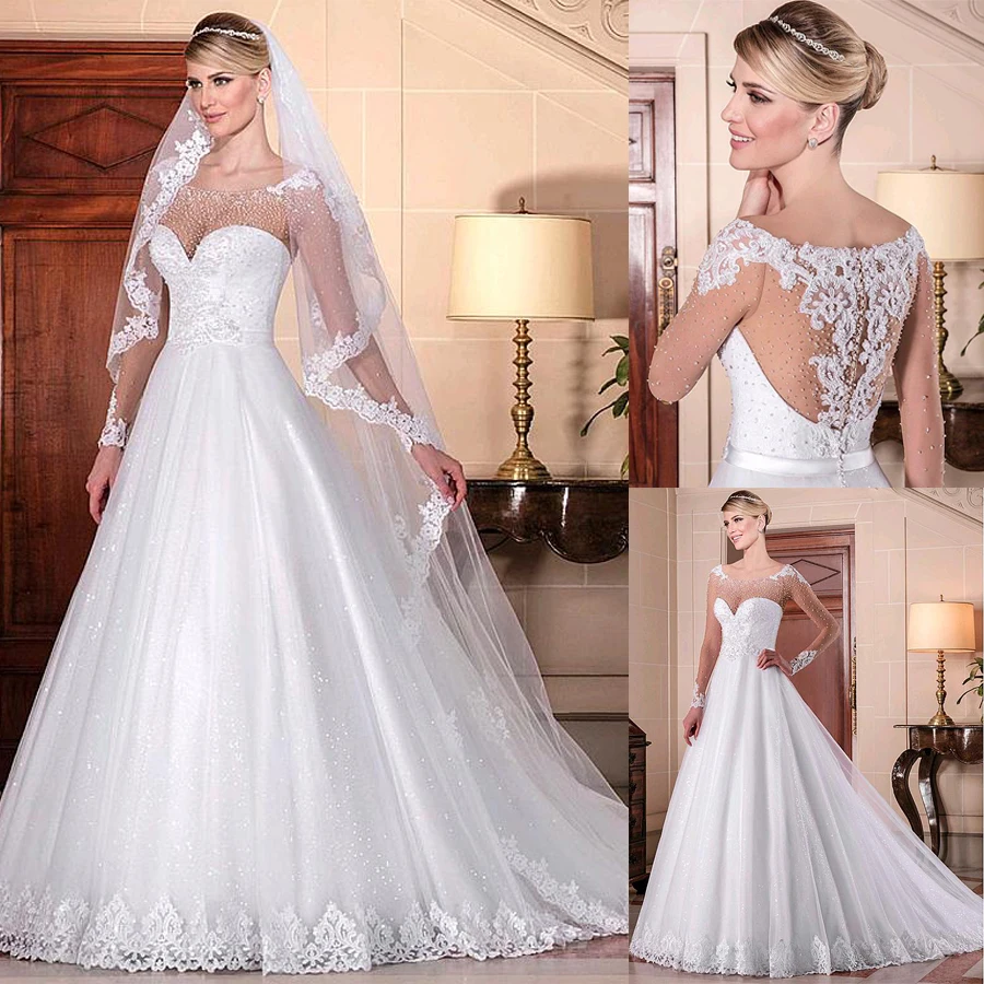 

Sparkling Tulle Scoop Neckline A-line Wedding Dresses With Pearls Beadings Lace Applqiques Long Sleeves Bridal Dresses