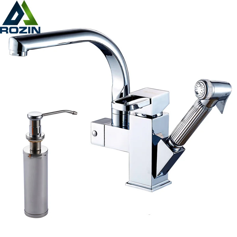 Bright Chrome Swivel Spout Kitchen Sink Faucet Deck Install Pull Out Bathroom Kitchen Mixer Tap 220ml