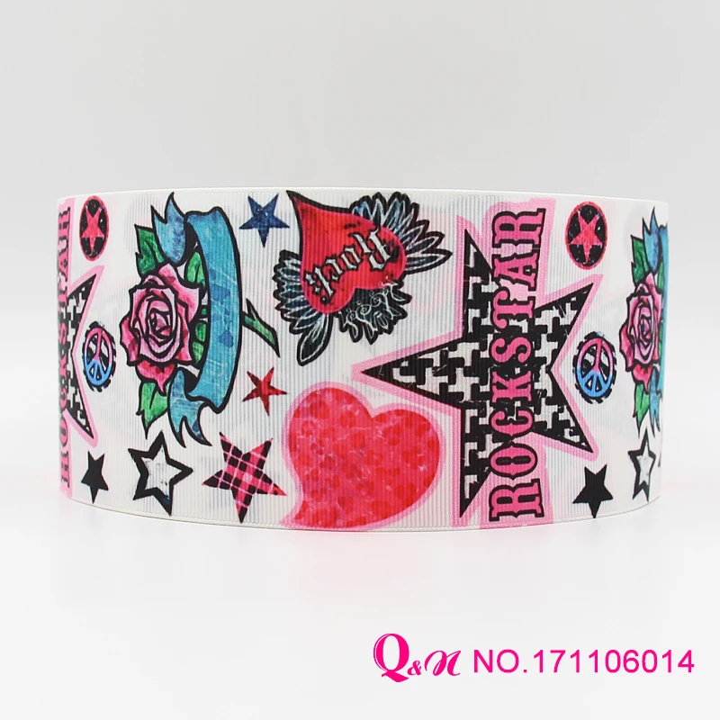 

Q&N ribbon 16mm 22mm 25mm 38mm 50mm 75mm rock print grosgrain ribbon webbing 50yards/roll for hair tie