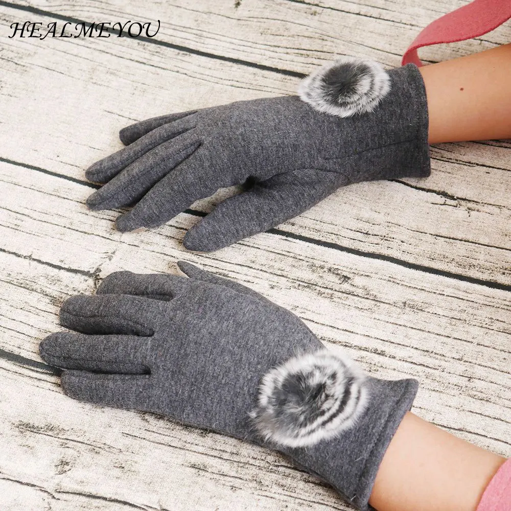 1 пара элегантные женские зимние перчатки ручной теплый искусственный мех хлопок сенсорный экран полный палец запястье теплые перчатки
