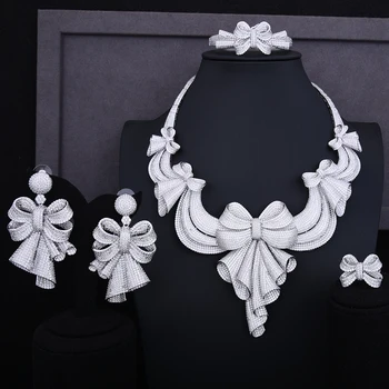 

GODKI Super Shiny Famous Brand Luxury Bowknot Women Wedding Cubic Zirconia Statement Necklace Earring Bangle Ring Jewelry Set