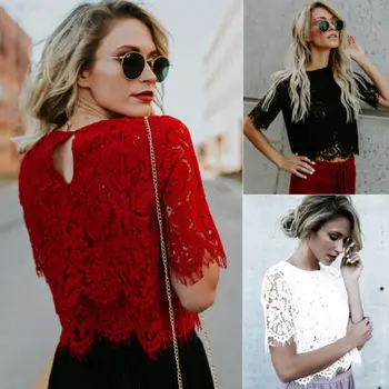 

Fashion Women Loose Short Sleeve Tops Lace Floral Short Sleeves Blouse Shirt Casual Lace Tops Shirt