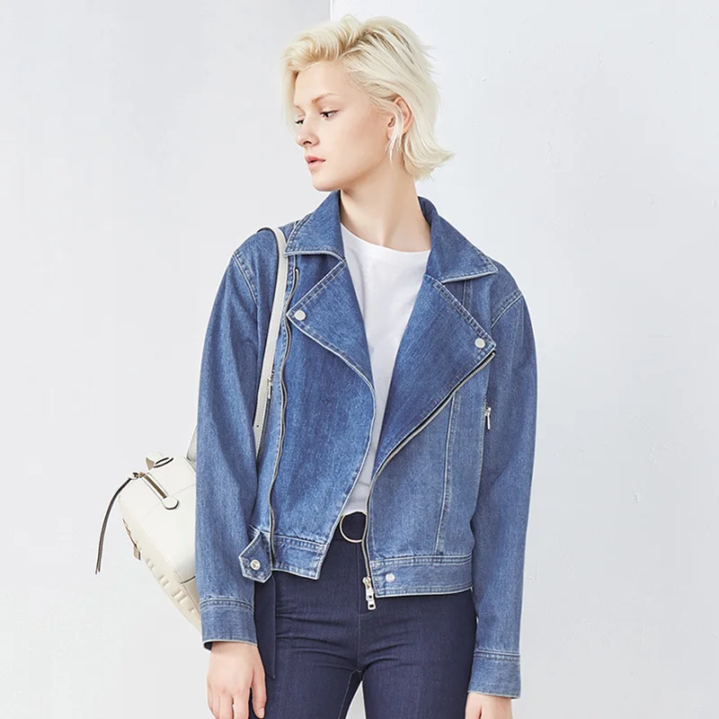 High Fashion Brand Big Turn down Collar Zipper Jean Jacket