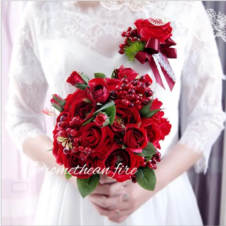 Свадебный букет, Китайский Свадебный букет невесты, с цветком, шар, имитация красной розы, шоу, свадебное украшение, PH37