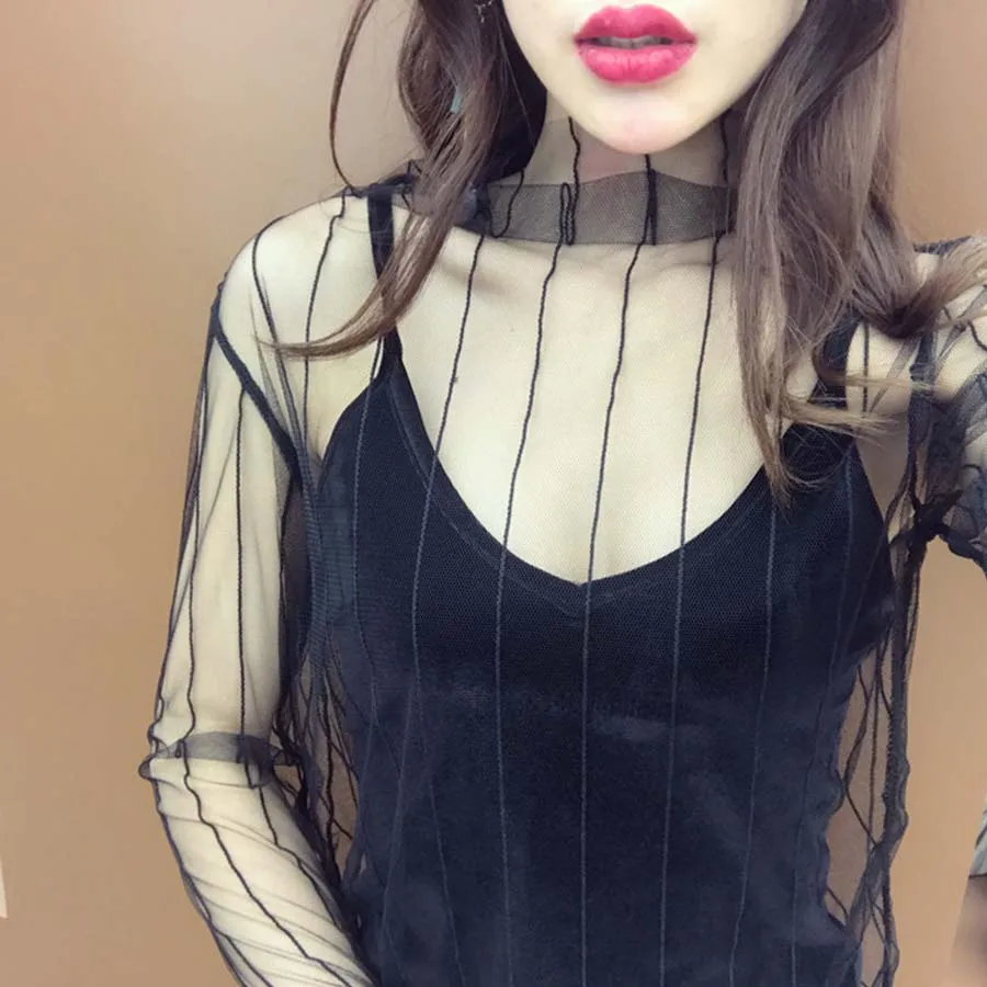 

Sexy Net Yarn Perspective Long-sleeves Umonn store 2017 New Women Mesh Stitching Lace Black Dot Snowflake T-Shirt Female Tops