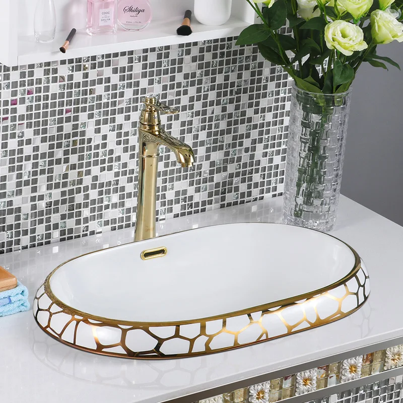 Oval gold undercounter China Artistic Handmade Ceramic Bathroom Sinks