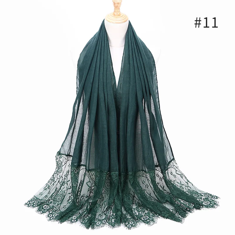 Модный двухсторонний цветочный кружевной хиджаб из вискозы головной шарф Мусульманский женский Простой макси глушитель хлопок арабский платок Tudung тюрбан 1 шт - Цвет: 11 dark green
