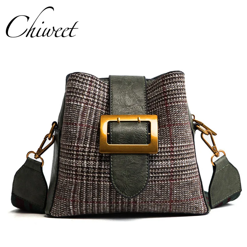 

Brand Ladies Vintage Bucket Wool Patchwork PU Leather Handbags Women Messenger Bag Designer Panelled Gold Buckle Shoulder Bags
