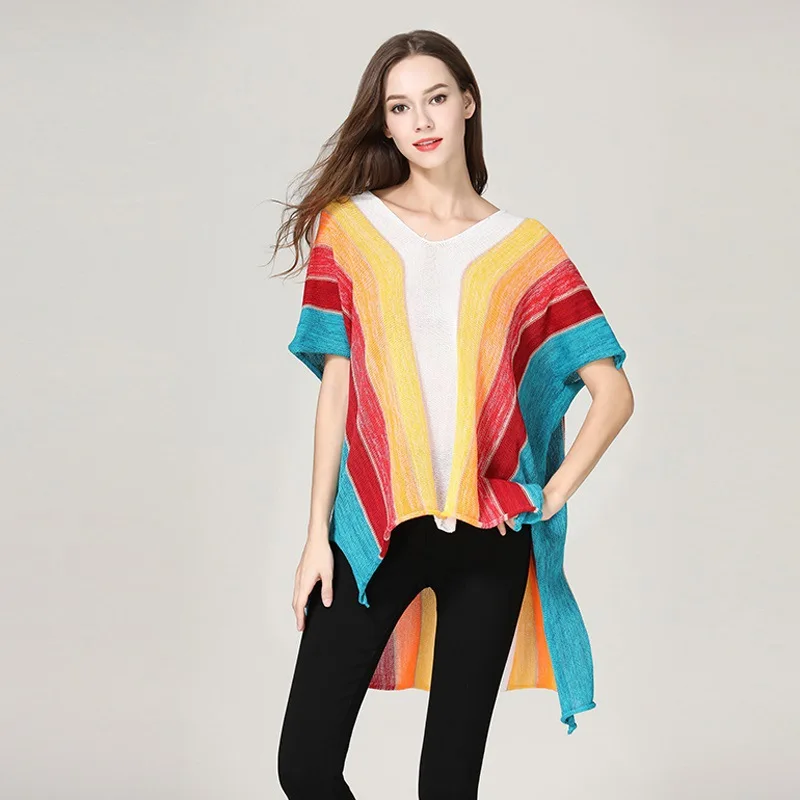 

Rainbow Color Women Loose Pullovers Sweaters O Neck Short Sleeve Tops Spring Autumn Sweaters Pullovers Ladies Knitted Jumpers